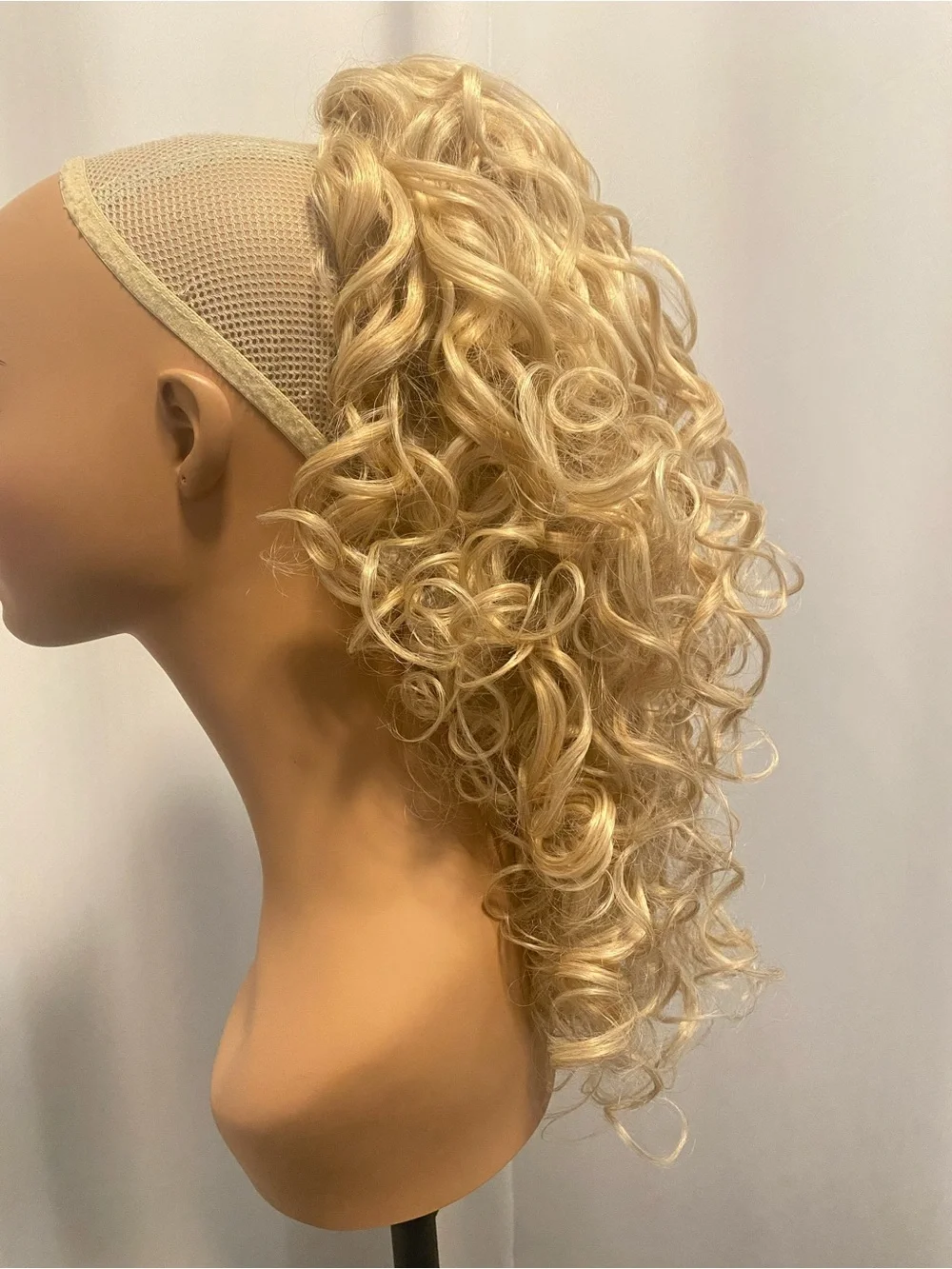 16” Blonde Curly Ponytail Hairpiece - Secure Mesh Base